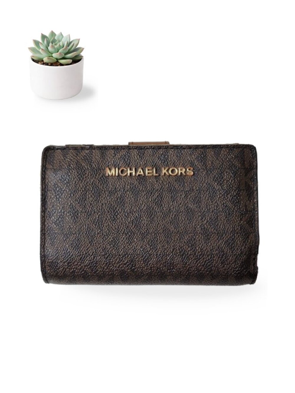 Michael Kors Jet Set Bifold Zip Coin Wallet Brown MK Signature Gold Hardware